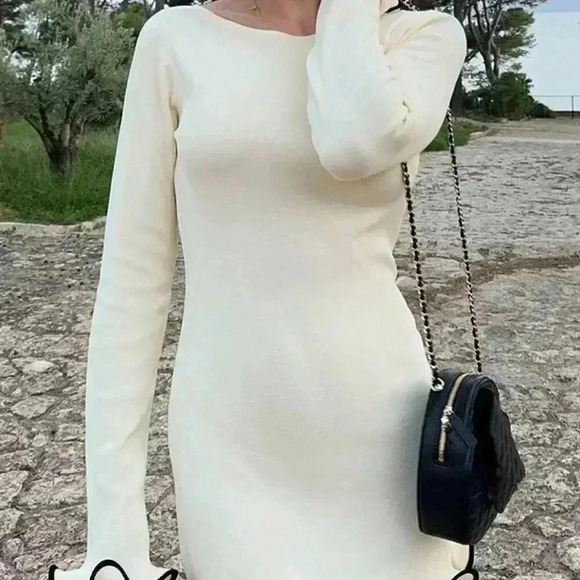 Apricot Elegant Women's Fashion Long Sleeves Ruffle Bodycon Dress - Picture 2 of 5